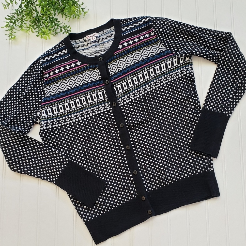 Merona Cardigan Fairisle Nordic Cardigan Sweater Black White size Small
